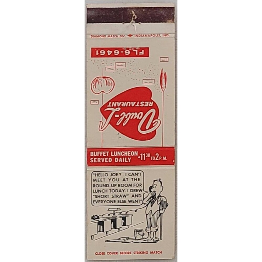Vintage Front Strike Matchbook Cover Double‑L Restaurant Indianapolis IN Indiana